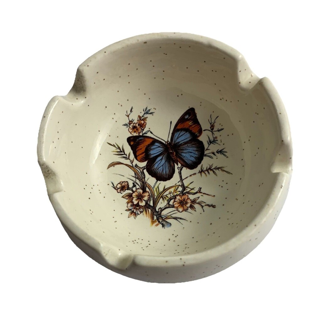 Vintage Round Floral Butterfly 3.5” Ceramic Ashtray Pic Tic USA